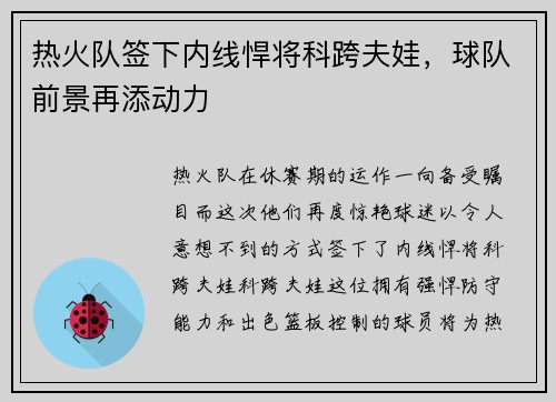 热火队签下内线悍将科跨夫娃，球队前景再添动力
