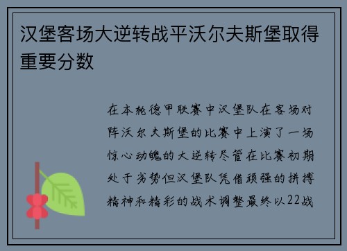 汉堡客场大逆转战平沃尔夫斯堡取得重要分数